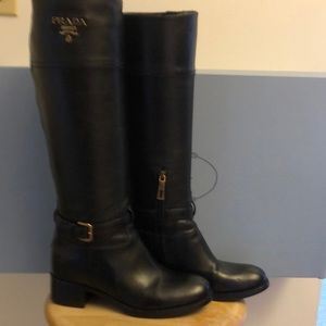Prada Tall Black Leather Logo Boots